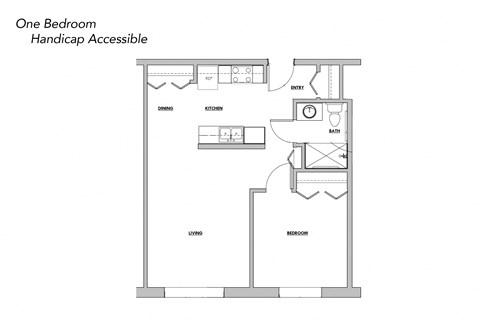 Floor plan for 1 bed, 1 bath, 575 sqft